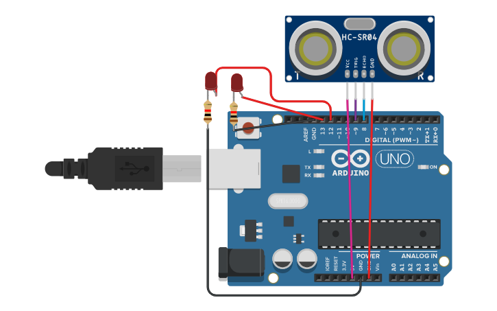 Circuit design Water level indicator with 2 leds and ultrasonic sensor ...