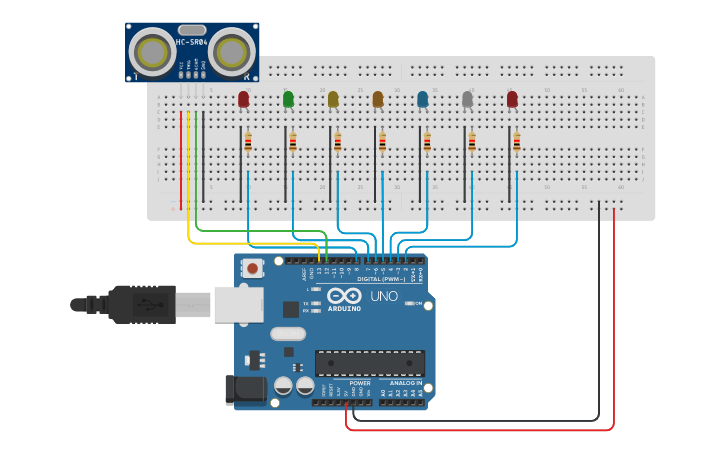 Circuit Design 7 Led Ultrasonic Sensor Tinkercad