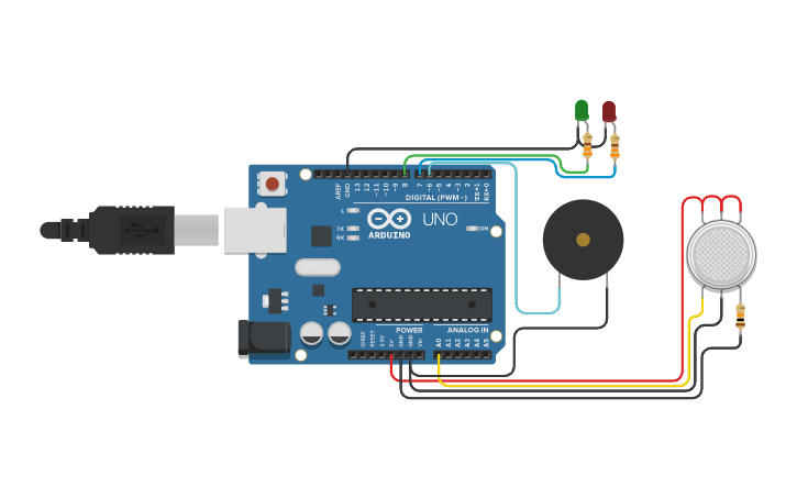 Circuit design Gas sensor alert with arduino | Tinkercad