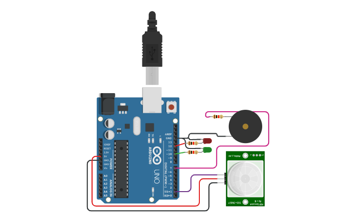 Circuit design Sensor+LED+Sound | Tinkercad