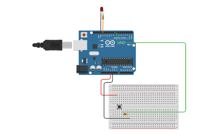 Circuit design Arduino LED ON/OFF Using One Button | Tinkercad