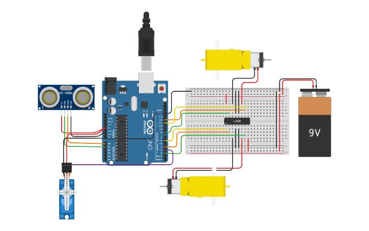 Diagrama Auto Arduino Circuit design Práctica 4-6 coche robot Arduino en C | Tinkercad