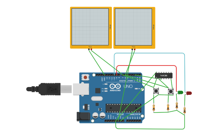Circuit design Arduino interruption on pin 2 buttons | Tinkercad
