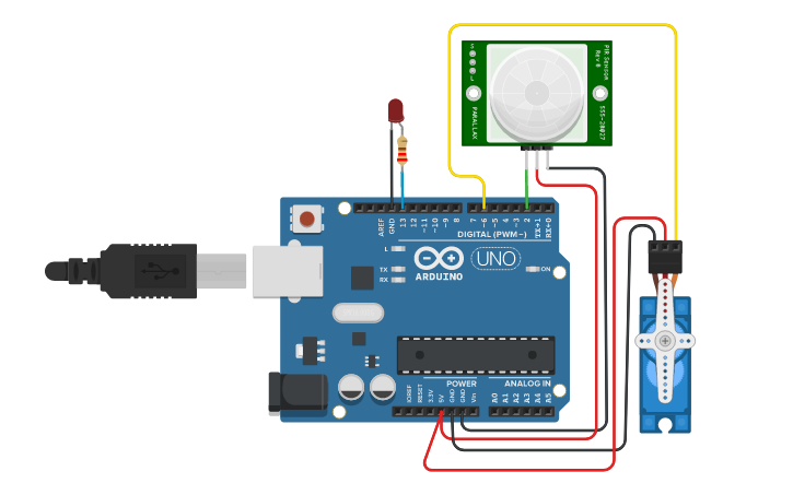 Circuit design Sensor de presencia PIR vs Servomotor | Tinkercad