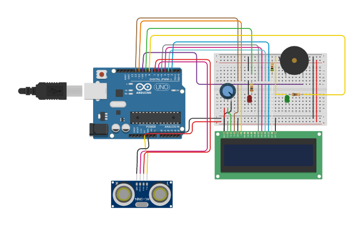 Circuit design 2 LED, Buzzer, LCD, Ultrasonic Sensor | Tinkercad