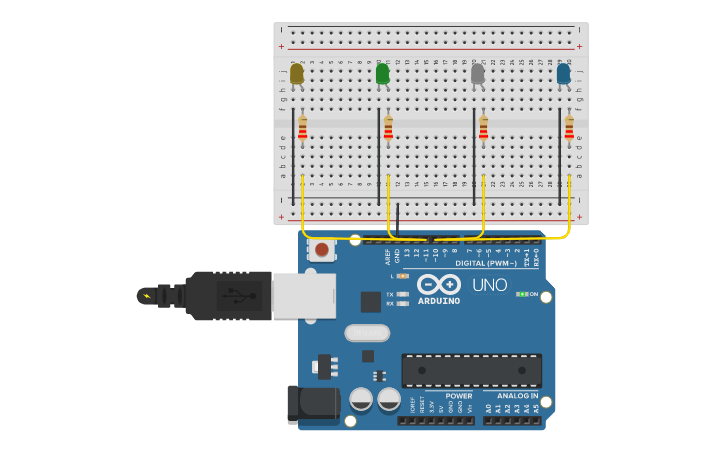 Circuit design 4 LEDs | Tinkercad