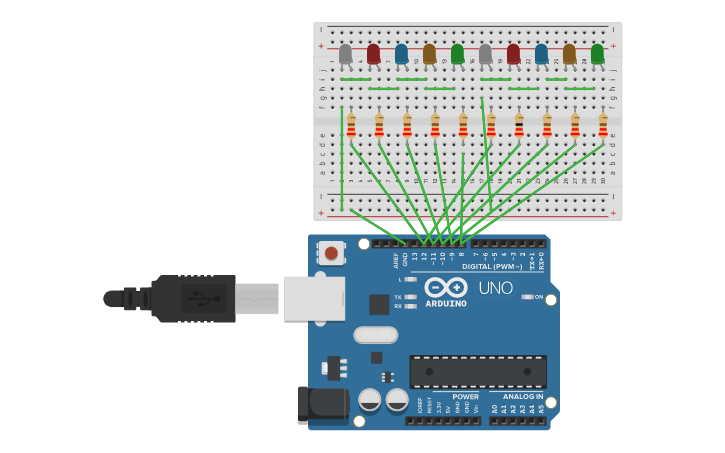 Circuit design 5 led series using Arduino | Tinkercad