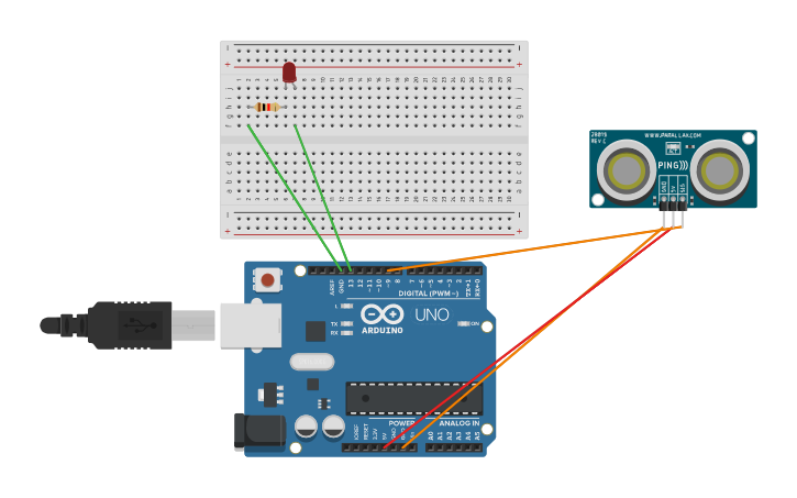 Circuit design LED Light and Ultrasonic Distance Sensor | Tinkercad