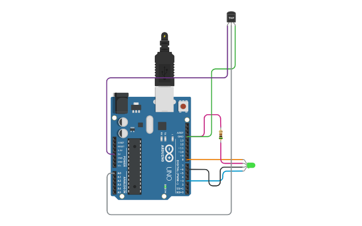 Circuit design ARDUINO TEMPERATURE SENSOR AND LED RGB | Tinkercad