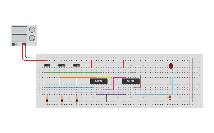 Circuit design F=AB'+A'B'+A'C using NAND | Tinkercad