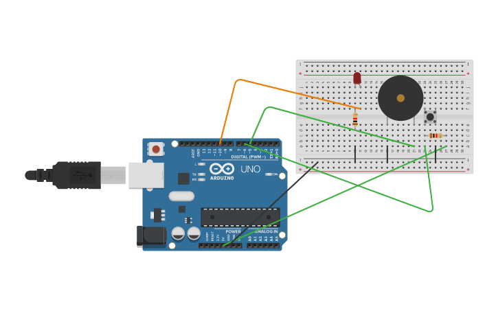 Circuit design Resistencia, pulsador, LED y zumbador | Tinkercad