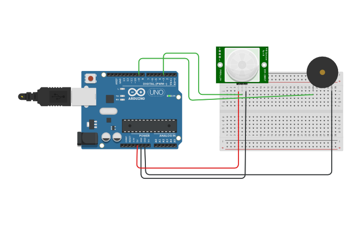 Circuit design pir sensor with piezo | Tinkercad