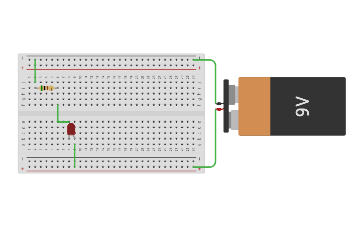 Circuit design 4- Circuito con pila de 9V y con LED rojo. | Tinkercad