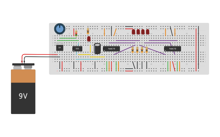 Circuit design 4 bit up counter using 555, JK flip flop | Tinkercad