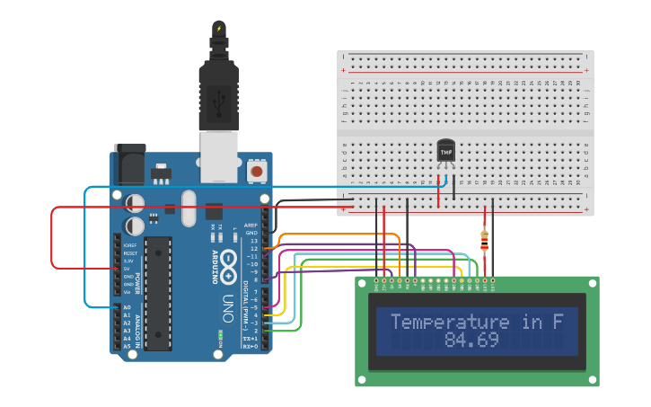 Circuit design Temperature measurement | Tinkercad