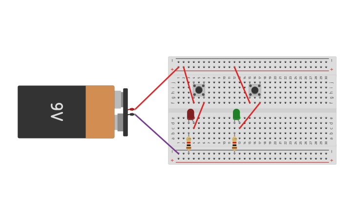 Circuit design 2 led con pulsadores en placa protoboard | Tinkercad