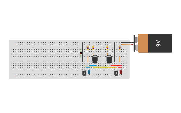 Circuit design Flashing LED Two Transistor Circuit | Tinkercad