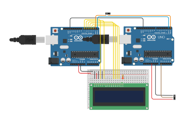 Circuit design Dual Arduino RS-232 RX/TX Echo with display | Tinkercad