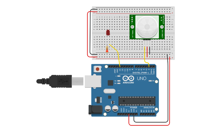 Circuit design PIR Motion Sensor with Arduino (Blocks) | Tinkercad