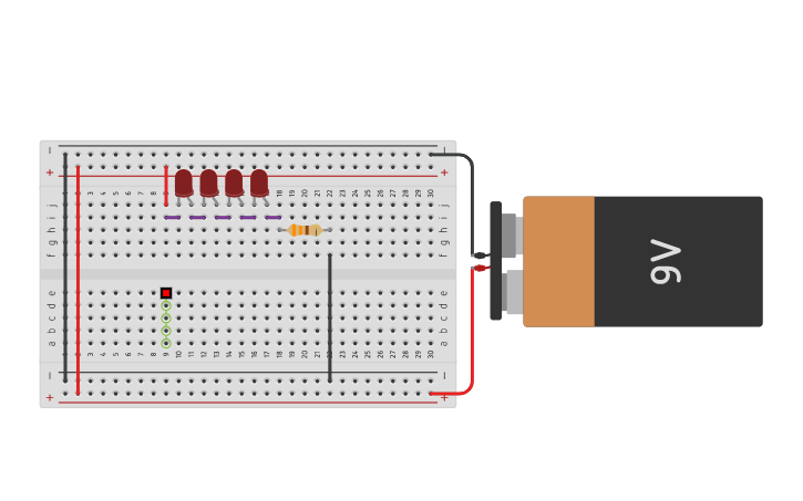 Circuit design Circuito en serie de 4 leds | Tinkercad
