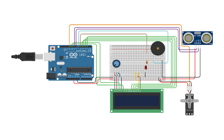 Circuit Design Rangkaian Ultrasonic Sensor Servo Led Buzzer Lcd Rifqi Fauzi Tinkercad