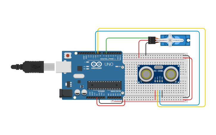 Circuit design Sensor HC-SR04 e Servo Motor | Tinkercad
